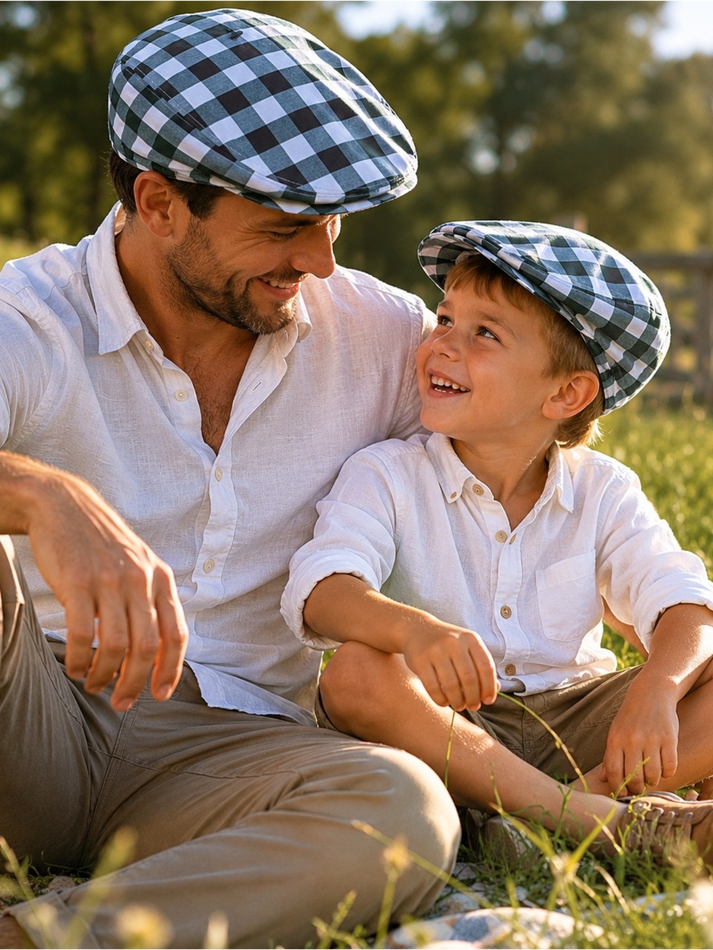Custom Father & Son Flat Caps | Matching Green Buffalo Plaid Cotton gingham hat